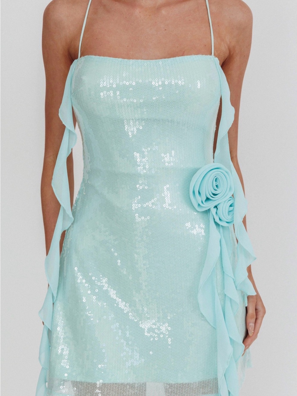 Light Blue Sequin Mini Dress with Floral Detail - Picture 3 of 4